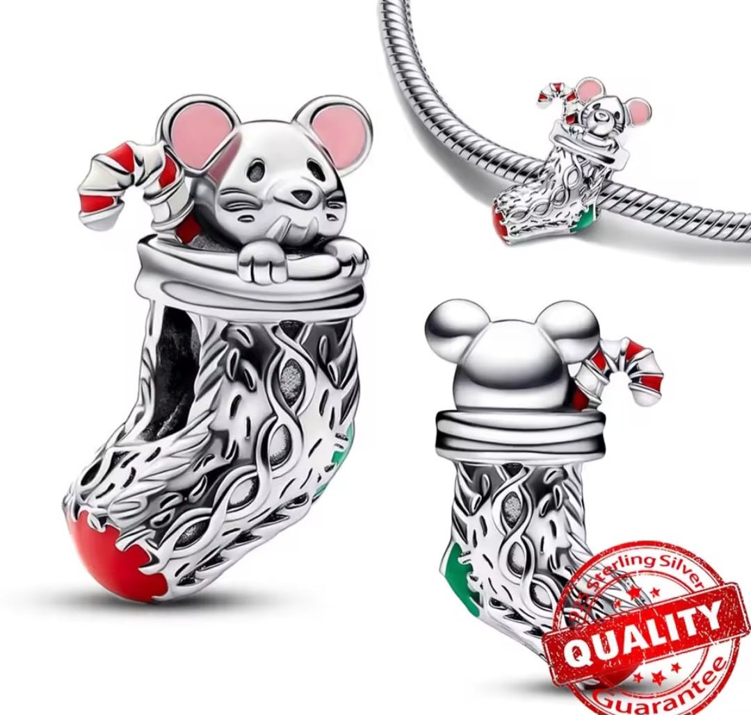 Sterling Silver Festive Mouse In Stocking Christmas Charm - Enchanting Charms