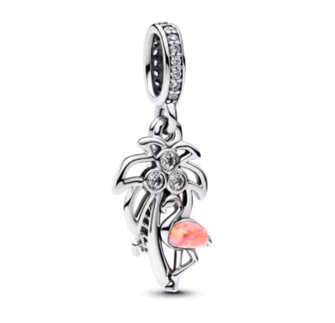 Sterling Silver Flamingo & Palm Tree Charm - Enchanting Charms