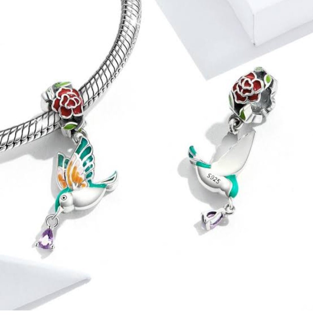 Sterling Silver Flower Bird With Jewel Collection Charm - Enchanting Charms