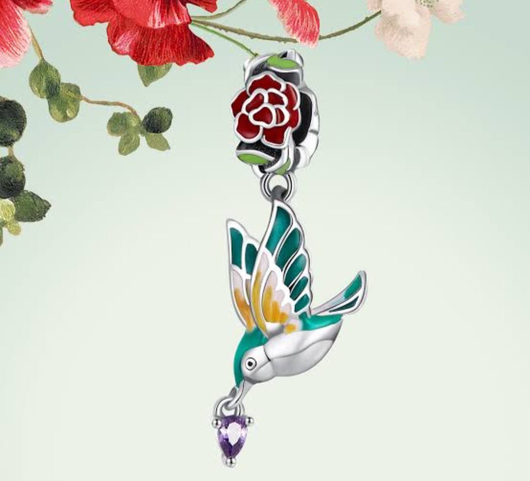Sterling Silver Flower Bird With Jewel Collection Charm - Enchanting Charms