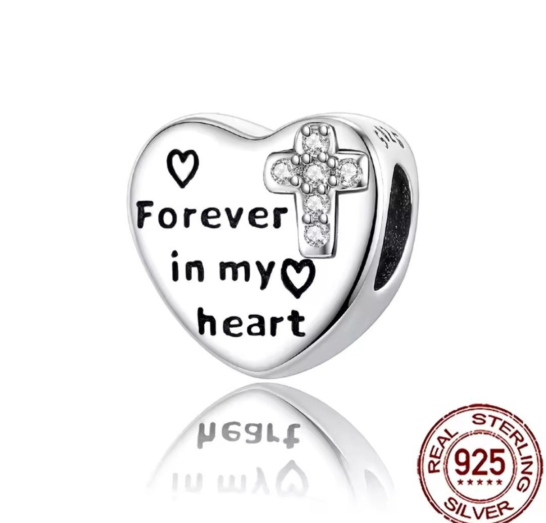 Sterling Silver Forever In My Heart Cross Charm - Enchanting Charms