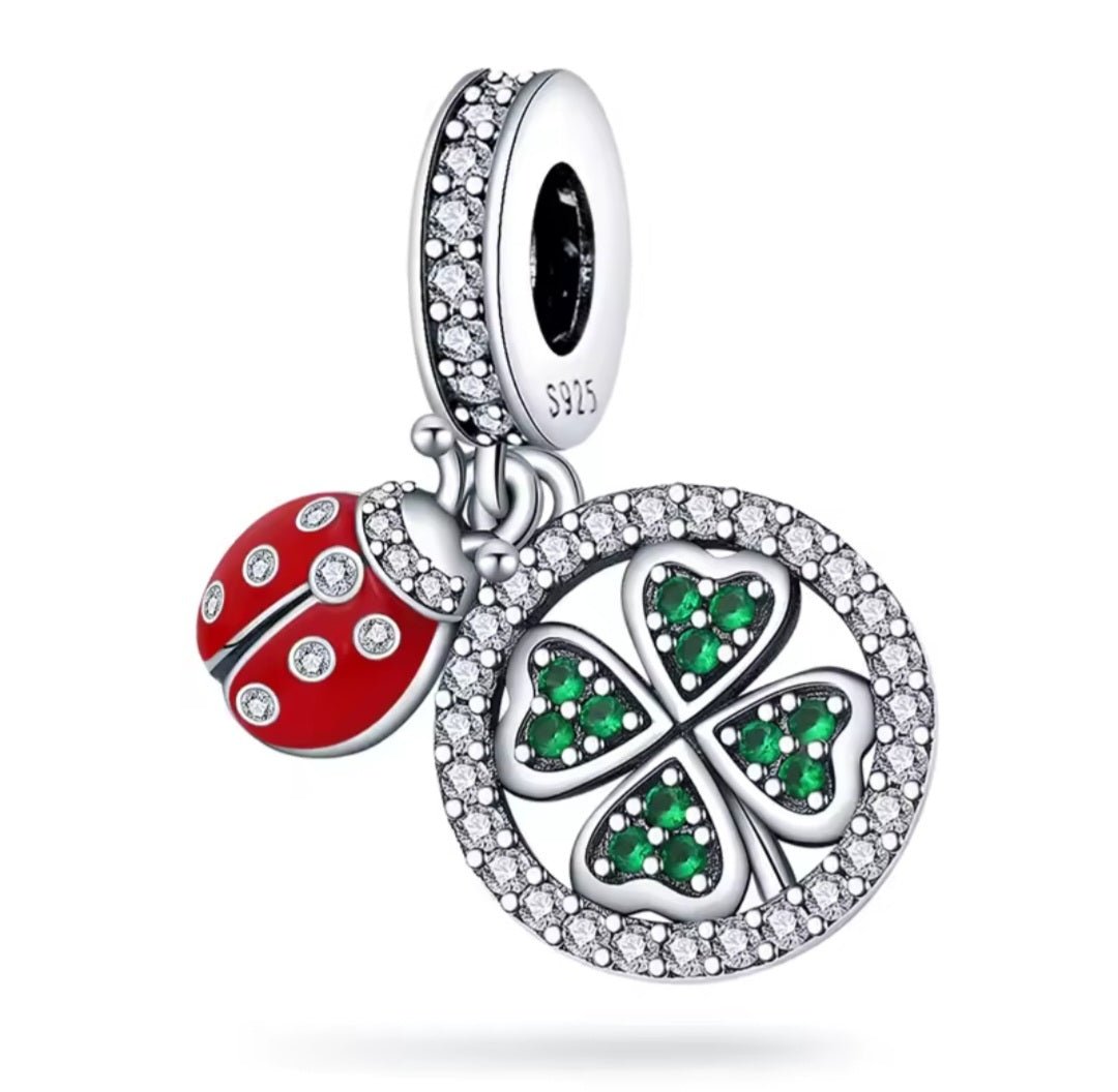 Sterling Silver Four Leaf Clover & Ladybird Charm - Enchanting Charms