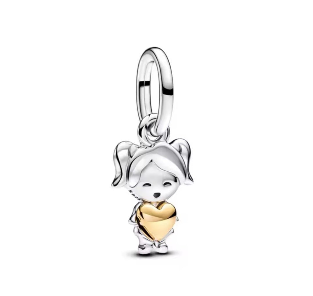 Sterling Silver Girl With Gold Heart Charm - Enchanting Charms