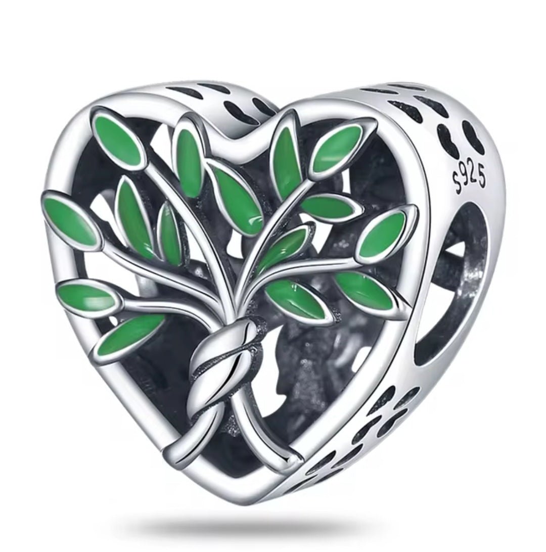 Sterling Silver Green Family Tree Heart Charm - Enchanting Charms