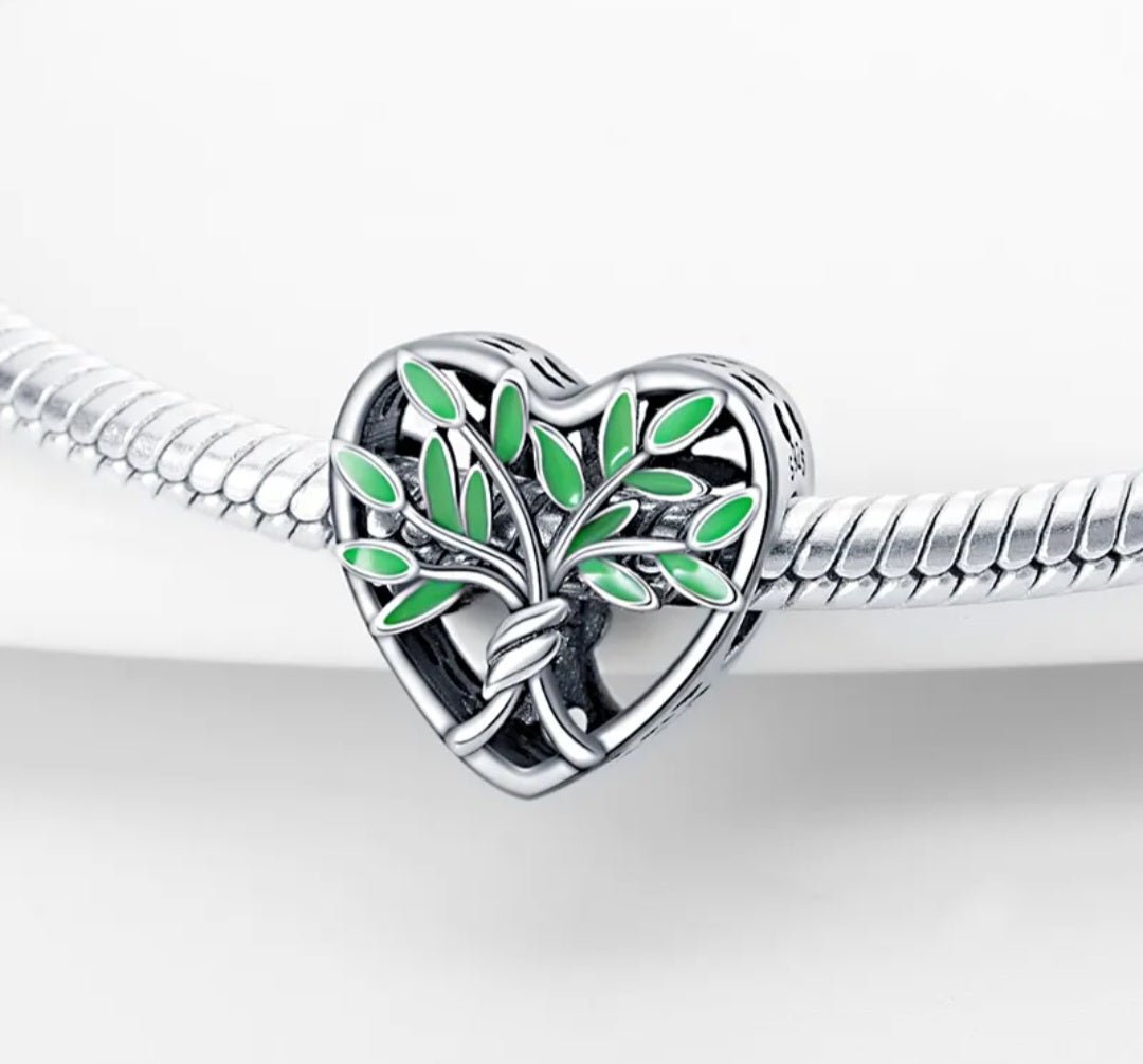 Sterling Silver Green Family Tree Heart Charm - Enchanting Charms
