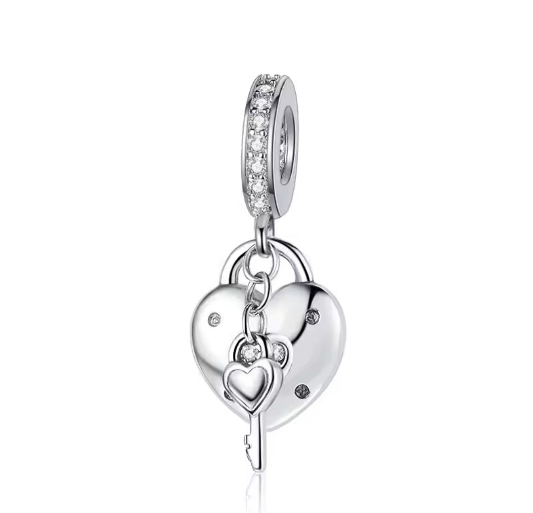 Sterling Silver Heart Padlock & Key Charm - Enchanting Charms