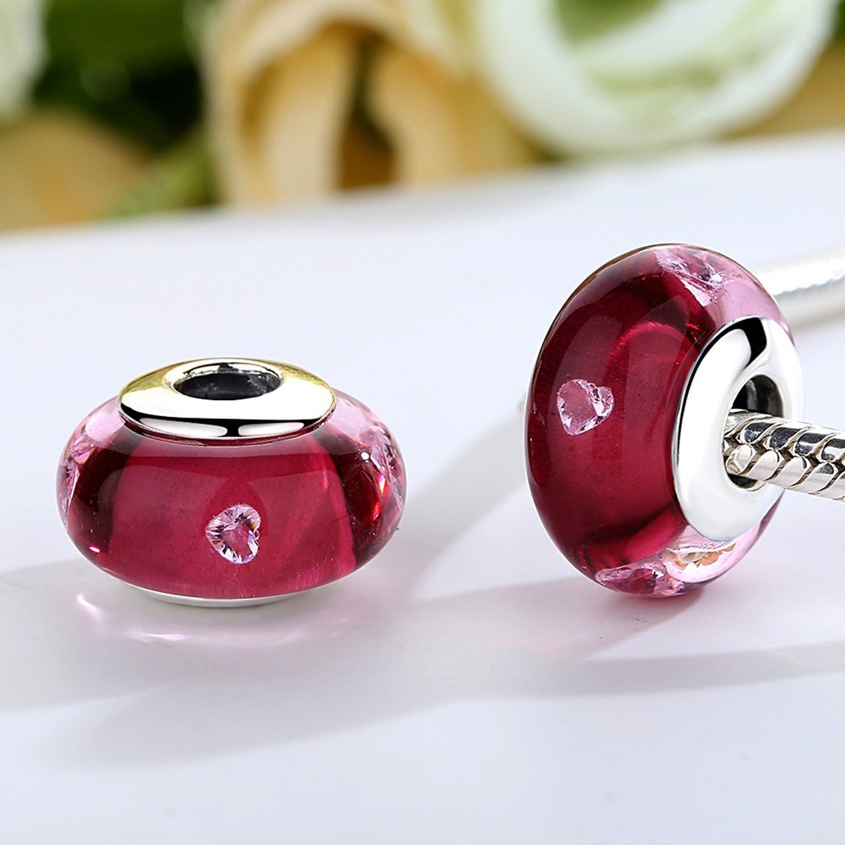 Sterling Silver Heart Pink Murano Charm - Enchanting Charms