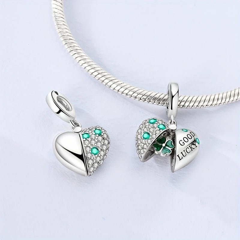 Sterling Silver Heart - Shaped four - leaf Clover Opening Charm - Enchanting Charms
