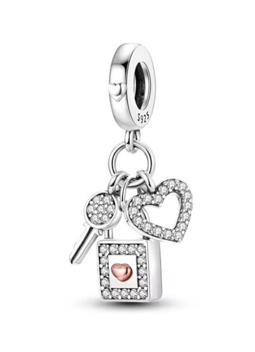 Sterling Silver Key Lock Heart Charm - Enchanting Charms