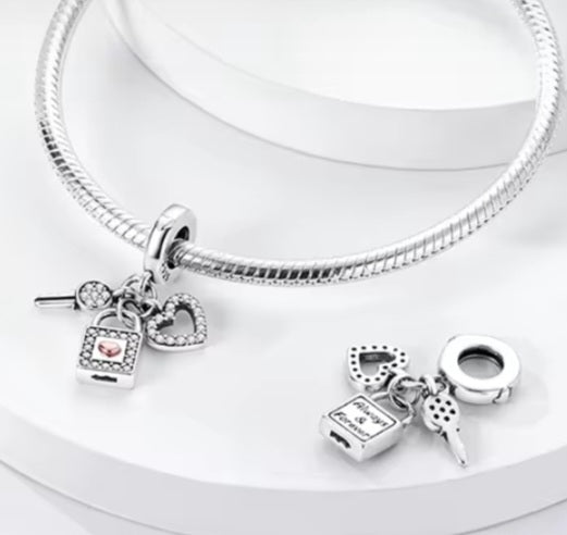 Sterling Silver Key Lock Heart Charm - Enchanting Charms