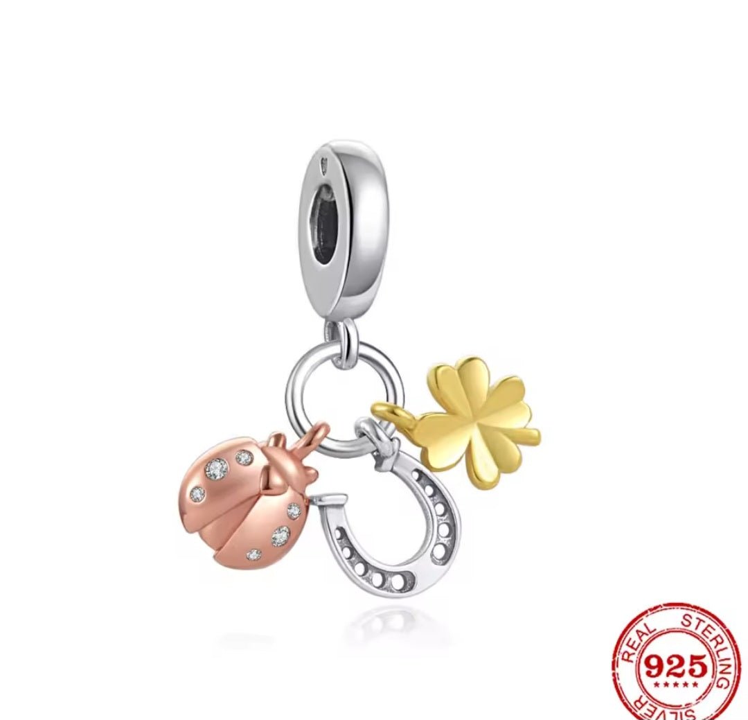 Sterling Silver Ladybird Horseshoe & Clover Charm - Enchanting Charms