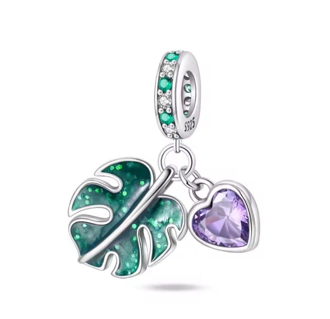 Sterling Silver Leave And Heart Charm - Enchanting Charms