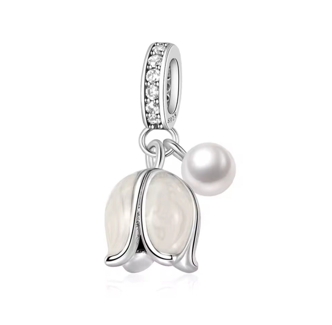 Sterling Silver Lily Of The Valley Flower & Pearl Charm - Enchanting Charms