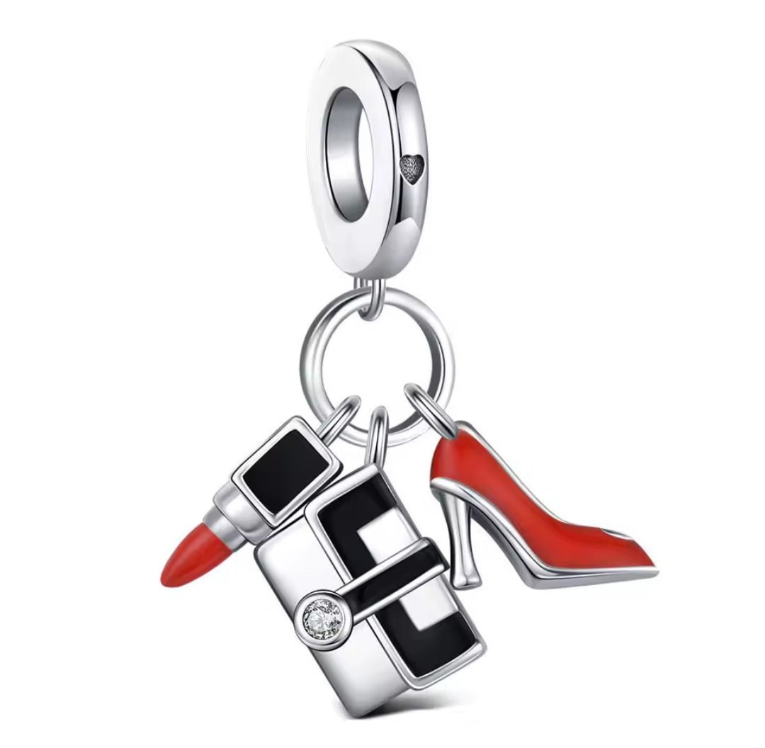 Sterling Silver Lipstick Handbag High Heels Charm - Enchanting Charms