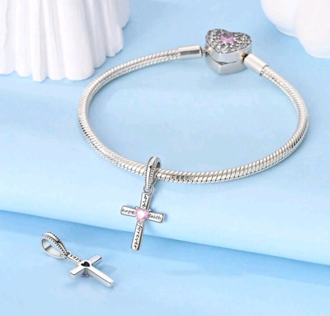 Sterling Silver Love Hope Faith Forever Pink Cross Charm - Enchanting Charms