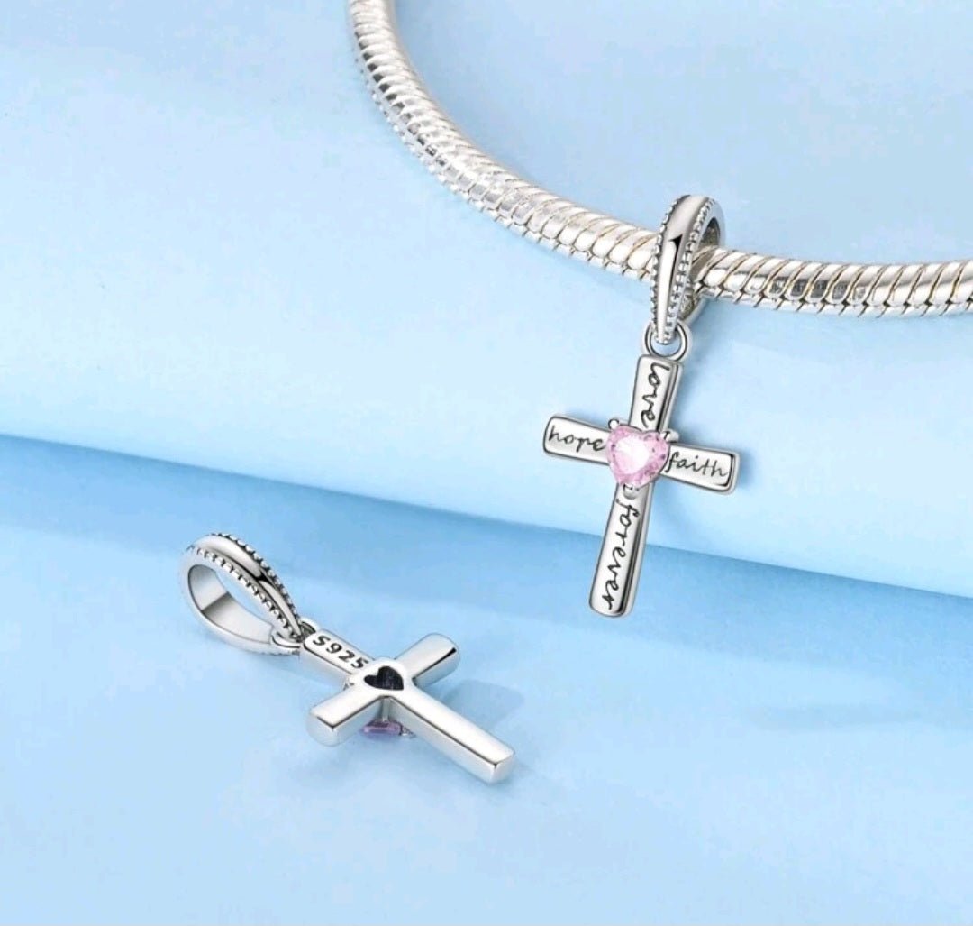 Sterling Silver Love Hope Faith Forever Pink Cross Charm - Enchanting Charms
