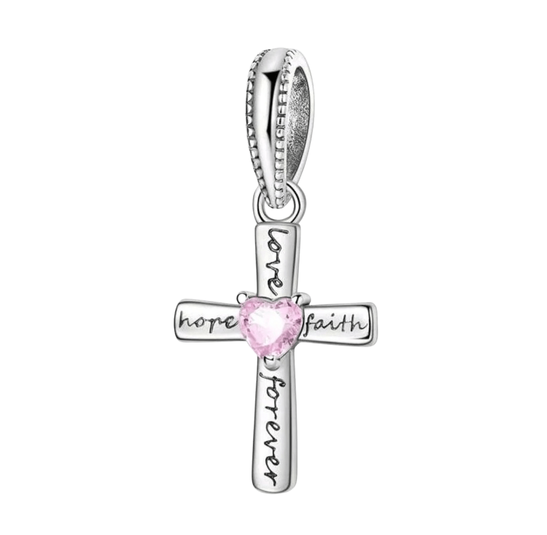 Sterling Silver Love Hope Faith Forever Pink Cross Charm - Enchanting Charms