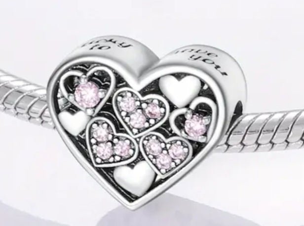 Sterling Silver Lucky To Have You Sparkling Pink Heart Charm - Enchanting Charms