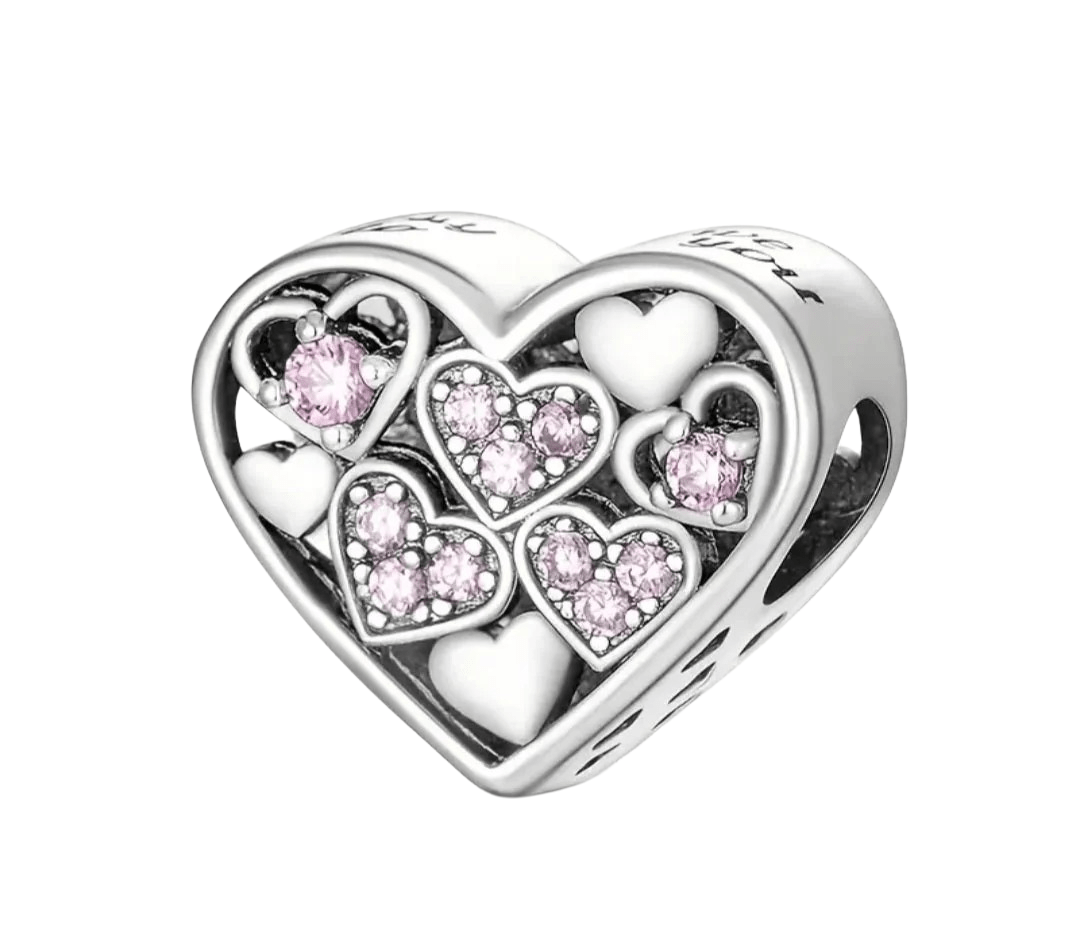 Sterling Silver Lucky To Have You Sparkling Pink Heart Charm - Enchanting Charms