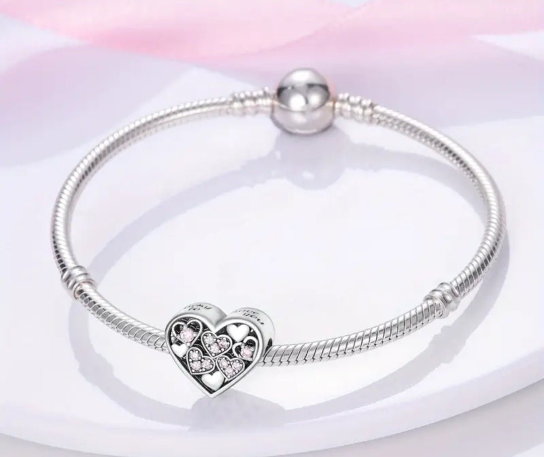 Sterling Silver Lucky To Have You Sparkling Pink Heart Charm - Enchanting Charms