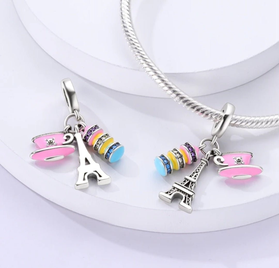 Sterling Silver Macaroons,Eiffel Tower & Tea Travel Charm - Enchanting Charms