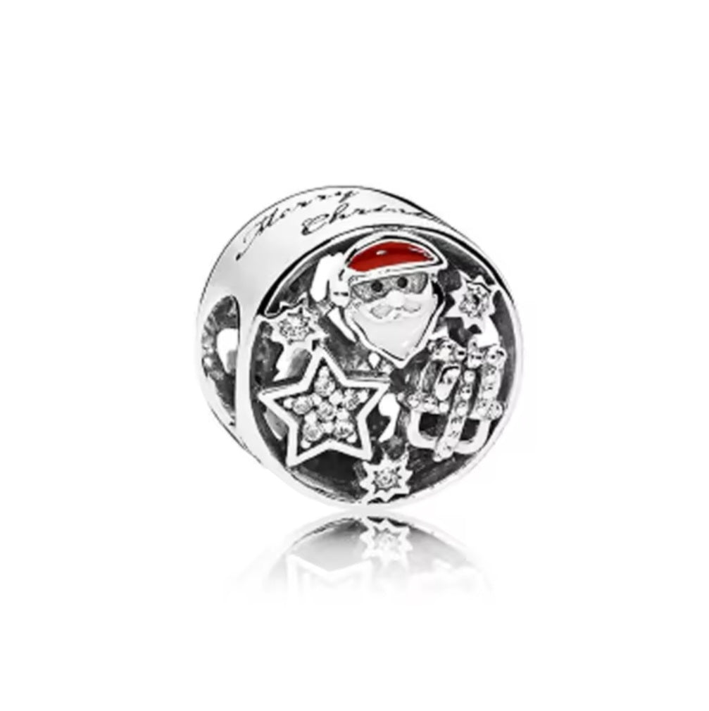Sterling Silver Merry Christmas Santa With Sparkling Gifts Charm - Enchanting Charms