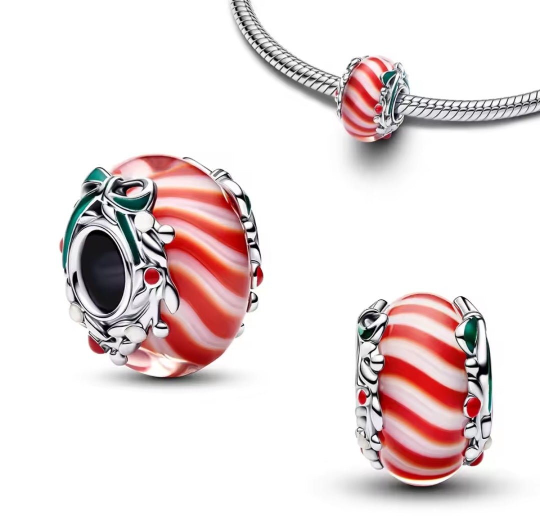 Sterling Silver Murano Christmas Candy Stripes Charm - Enchanting Charms