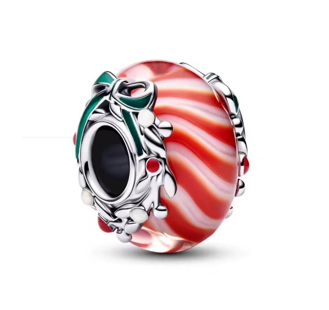Sterling Silver Murano Christmas Candy Stripes Charm - Enchanting Charms