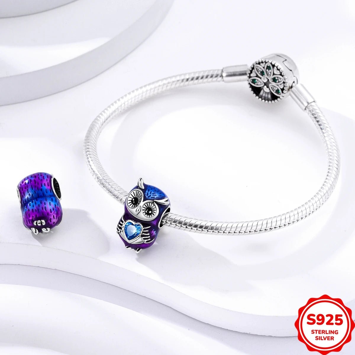 Sterling Silver Owl Hugging Heart Charm - Enchanting Charms