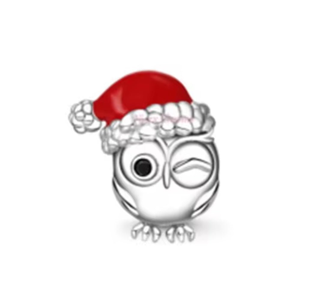 Sterling Silver Owl With Santa's Hat Christmas Charm - Enchanting Charms
