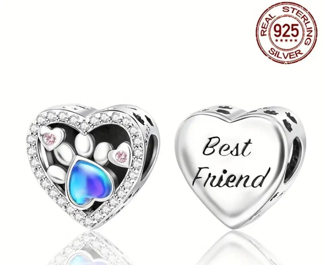 Sterling Silver Paw Print Best Friend Heart Charm - Enchanting Charms