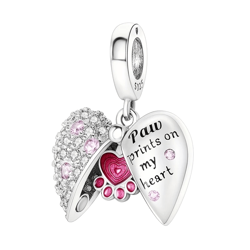 Sterling Silver Paw Print Heart Charm - Enchanting Charms