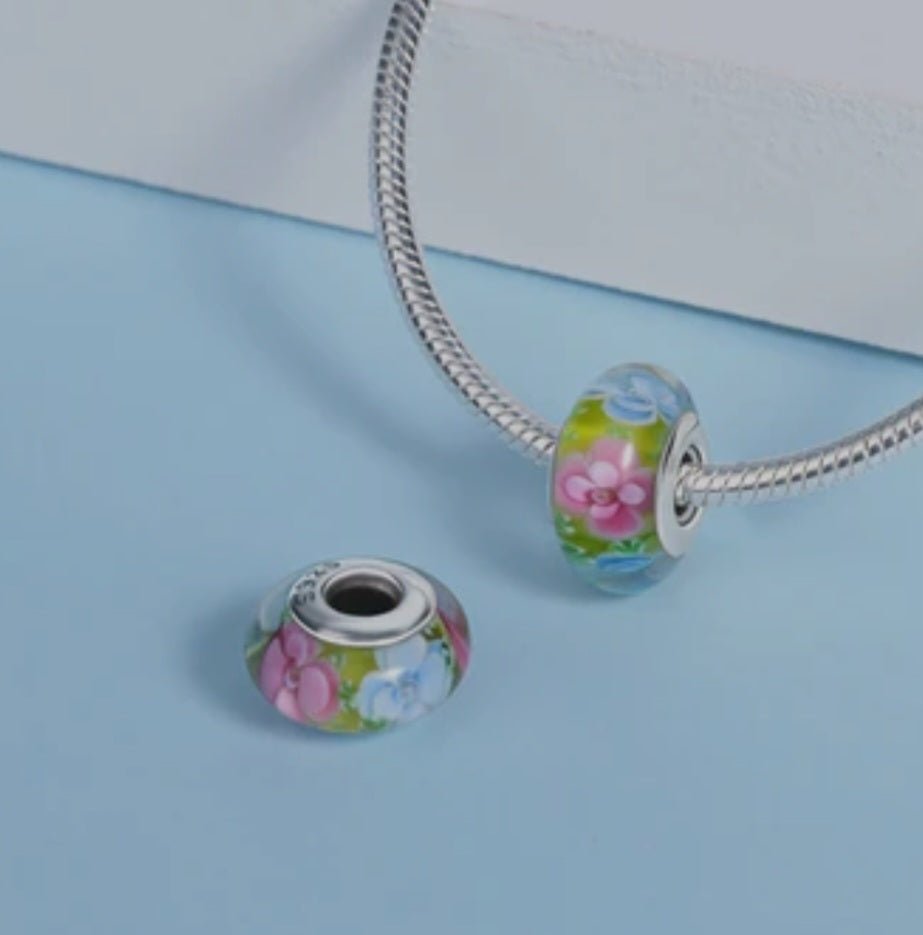 Sterling Silver Pink And Blue Flower Murano Stonr Charm - Enchanting Charms