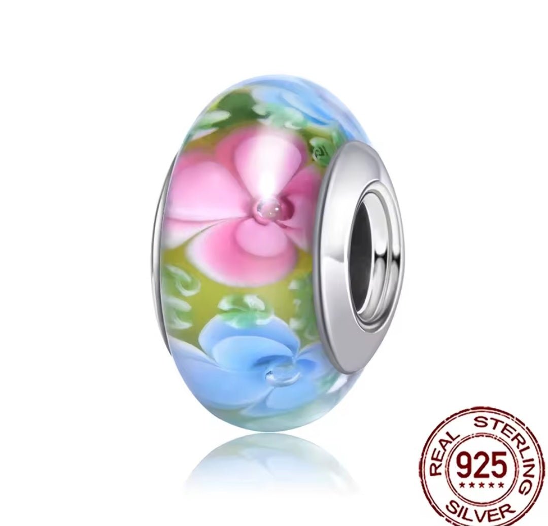Sterling Silver Pink And Blue Flower Murano Stonr Charm - Enchanting Charms