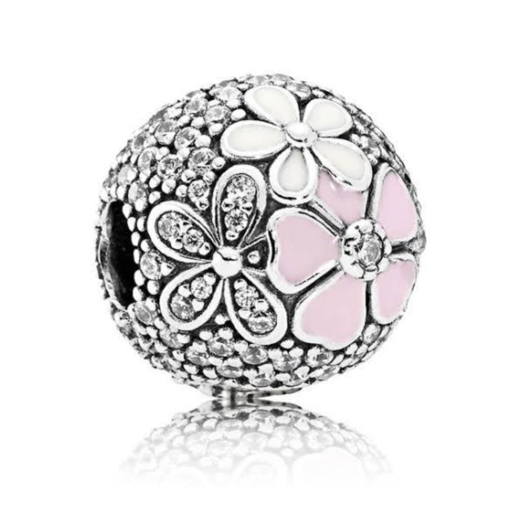 Sterling Silver Pink And White Daisies Clip Stopper Charm - Enchanting Charms