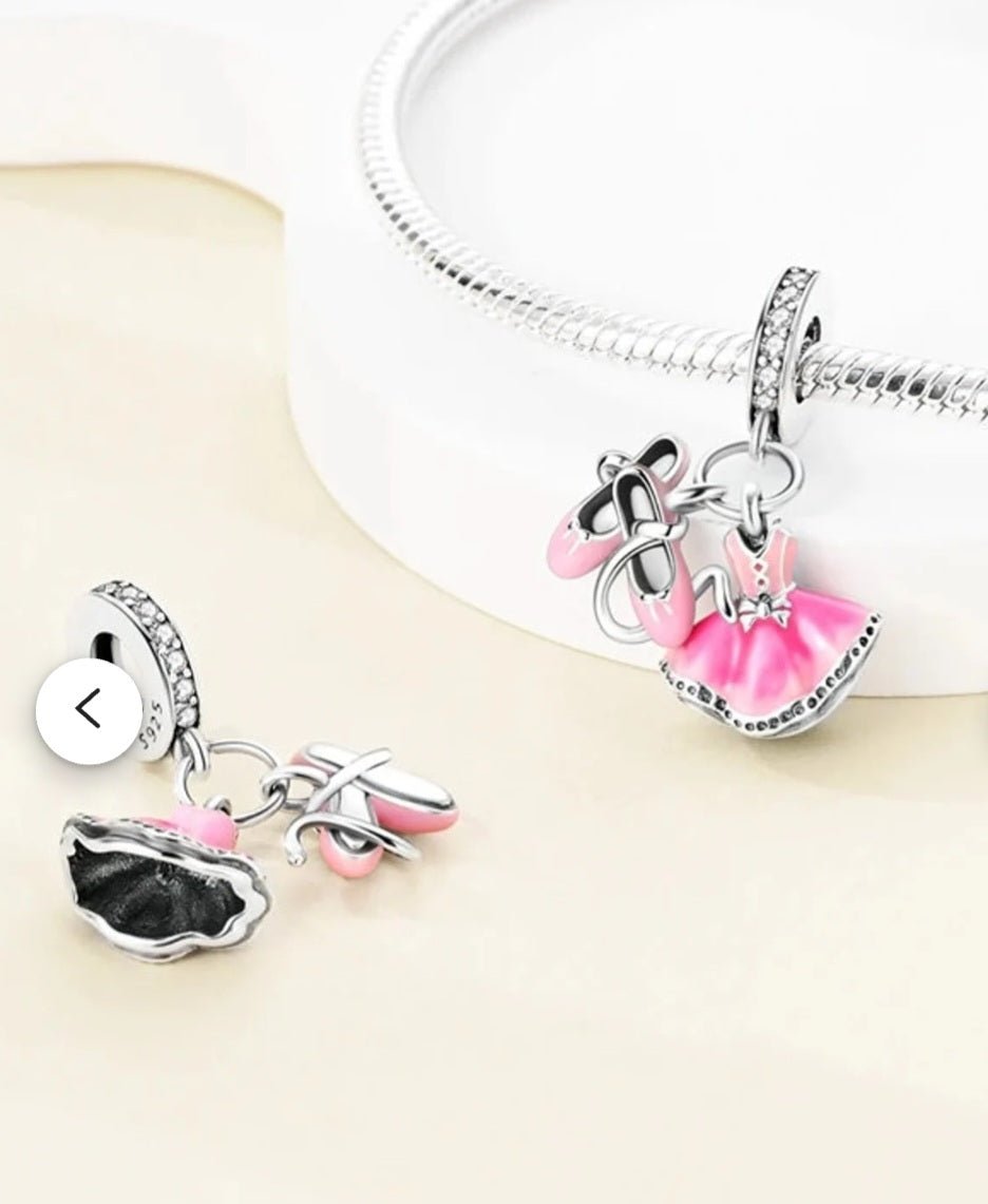 Sterling Silver Pink Ballet Shoes & Dress Charm - Enchanting Charms