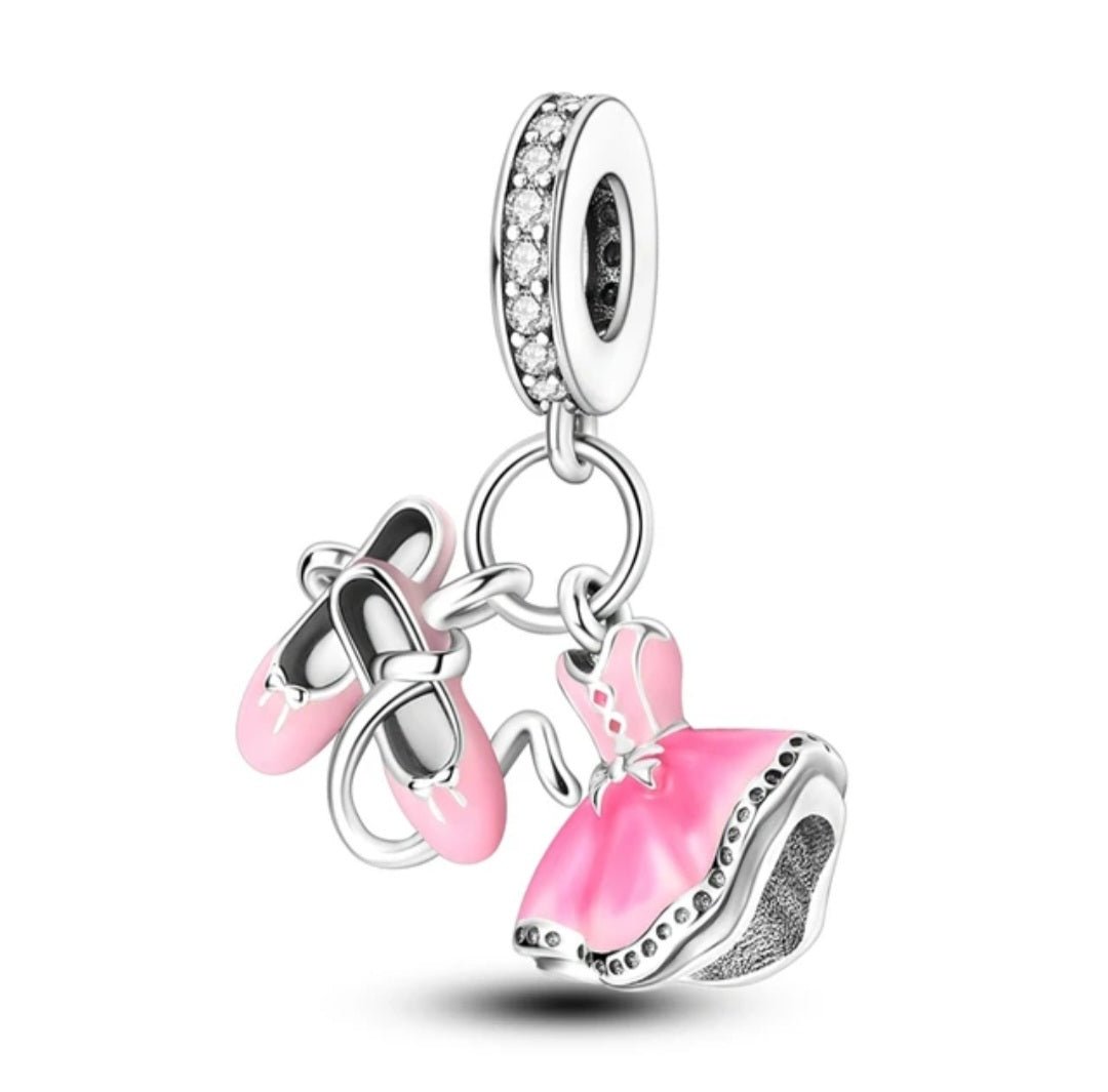 Sterling Silver Pink Ballet Shoes & Dress Charm - Enchanting Charms