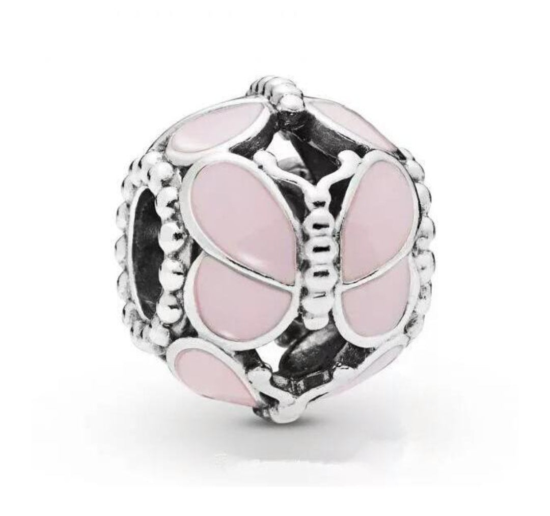 Sterling Silver Pink Butterfly Magnolia Bloom Charm Charm - Enchanting Charms