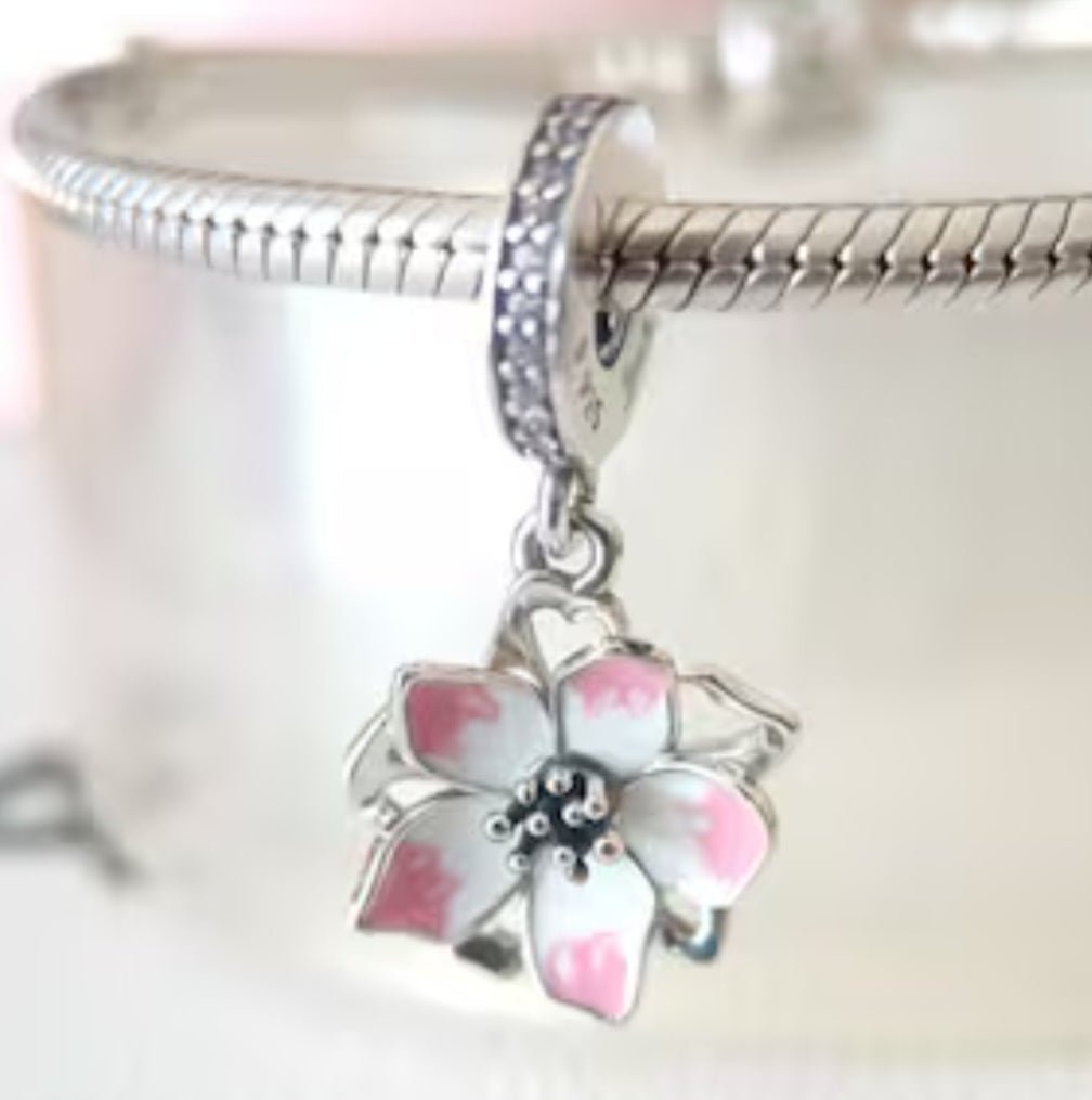 Sterling Silver Pink Cherry Blossom Flower Charm - Enchanting Charms