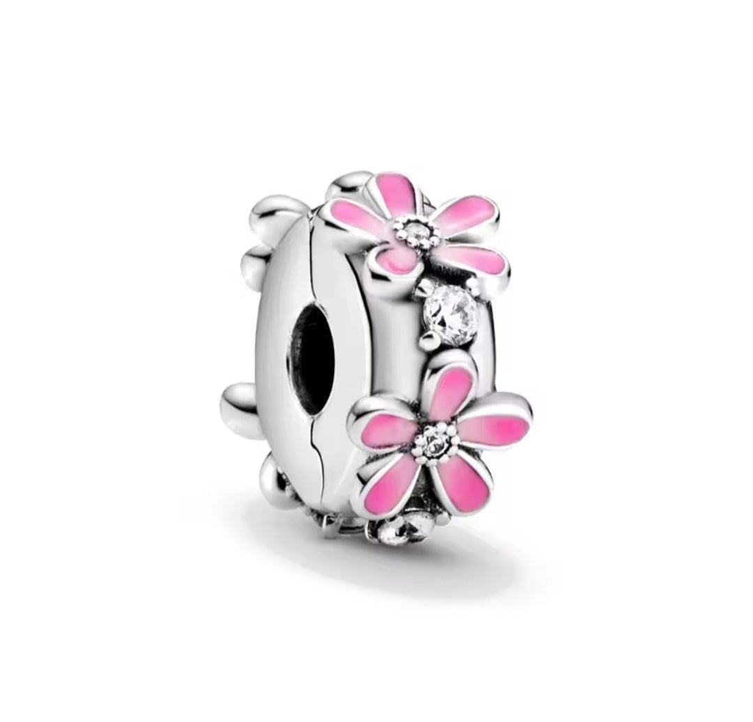 Sterling Silver Pink Daisies Clip Stopper Charm - Enchanting Charms