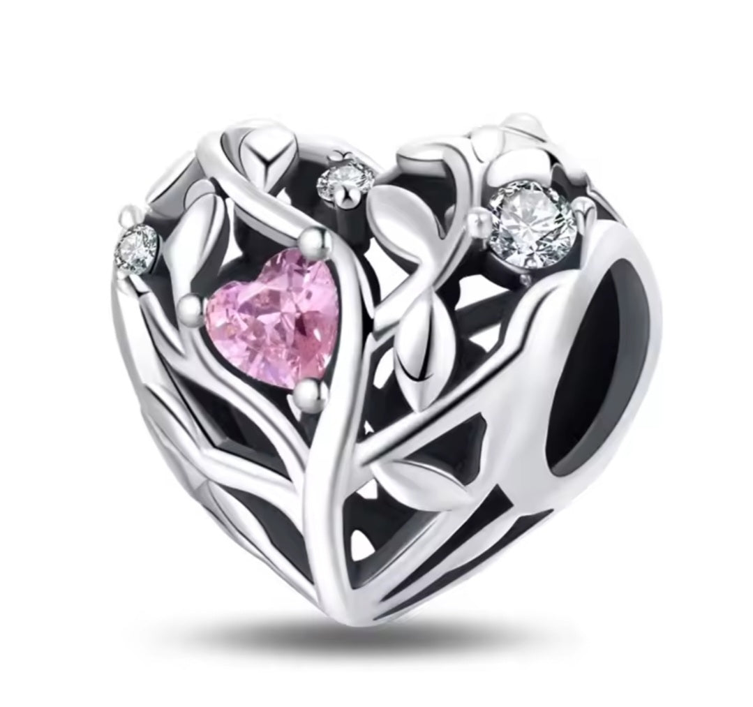 Sterling Silver Pink Flower Heart Charm - Enchanting Charms