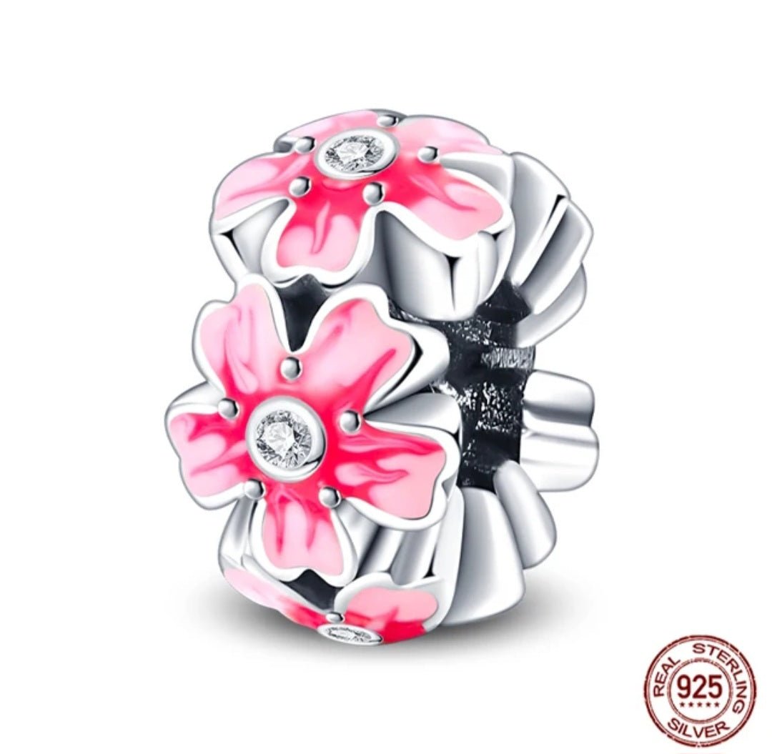 Sterling Silver Pink Flower Spacer Charm - Enchanting Charms