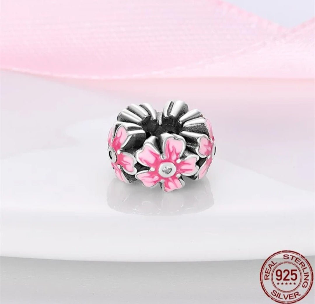 Sterling Silver Pink Flower Spacer Charm - Enchanting Charms
