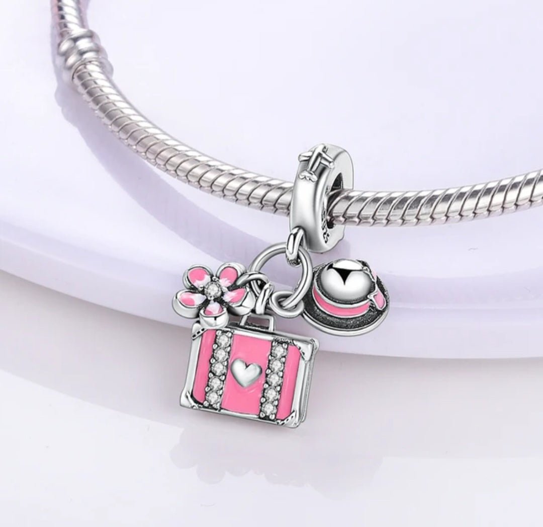 Sterling Silver Pink Flower Suitcase Hat Travel Charm - Enchanting Charms