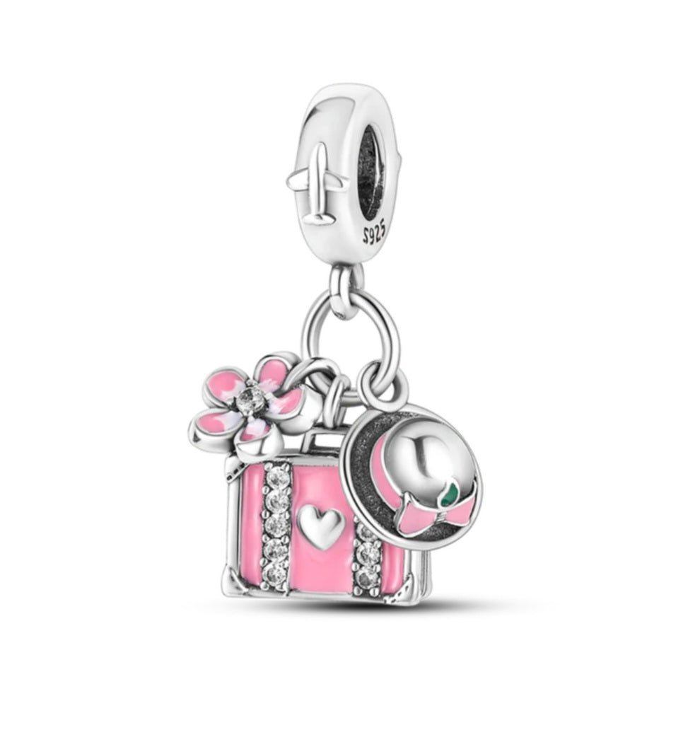 Sterling Silver Pink Flower Suitcase Hat Travel Charm - Enchanting Charms