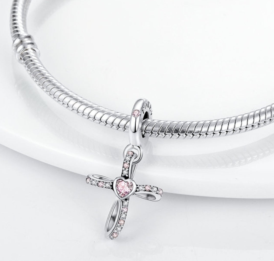 Sterling Silver Pink Forever Cross Charm - Enchanting Charms