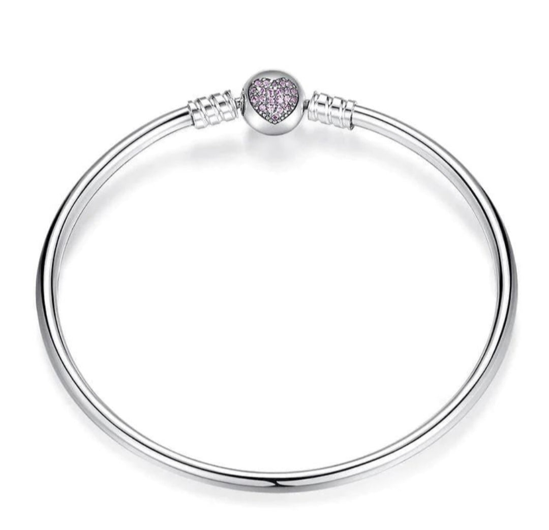 Sterling Silver Pink Heart Bangle Bracelet - Enchanting Charms