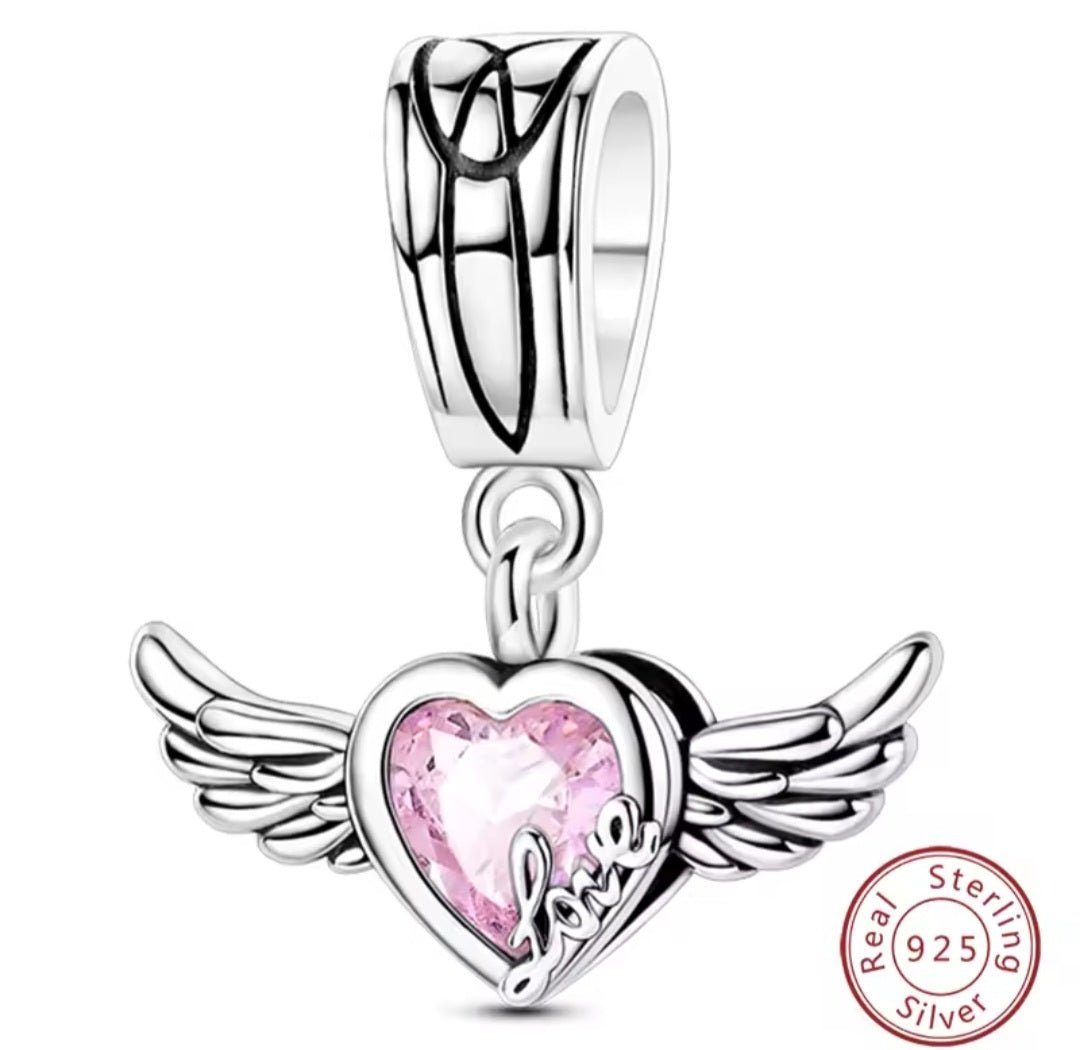 Sterling Silver Pink Love Heart Angel Wings Charm - Enchanting Charms