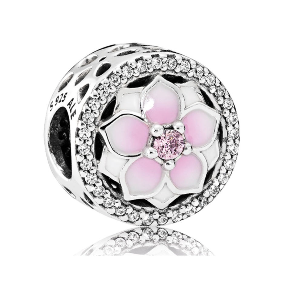 Sterling Silver Pink Magnolia Flower Charm - Enchanting Charms