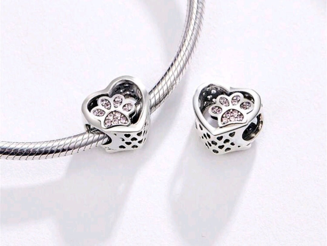 Sterling Silver Pink Paw Heart Charm - Enchanting Charms